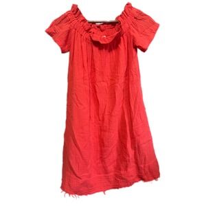 Amadi Gauze Shift Dress Womens XS Coral Red Excellent Ruffle Off Shoulder Pocket